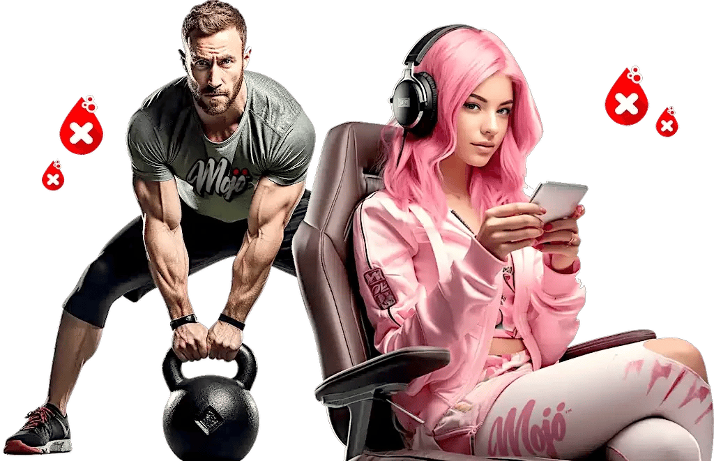 Người đàn ông nâng tạ kettlebell bên cạnh một cô gái chơi game trong bộ tracksuit Mojo