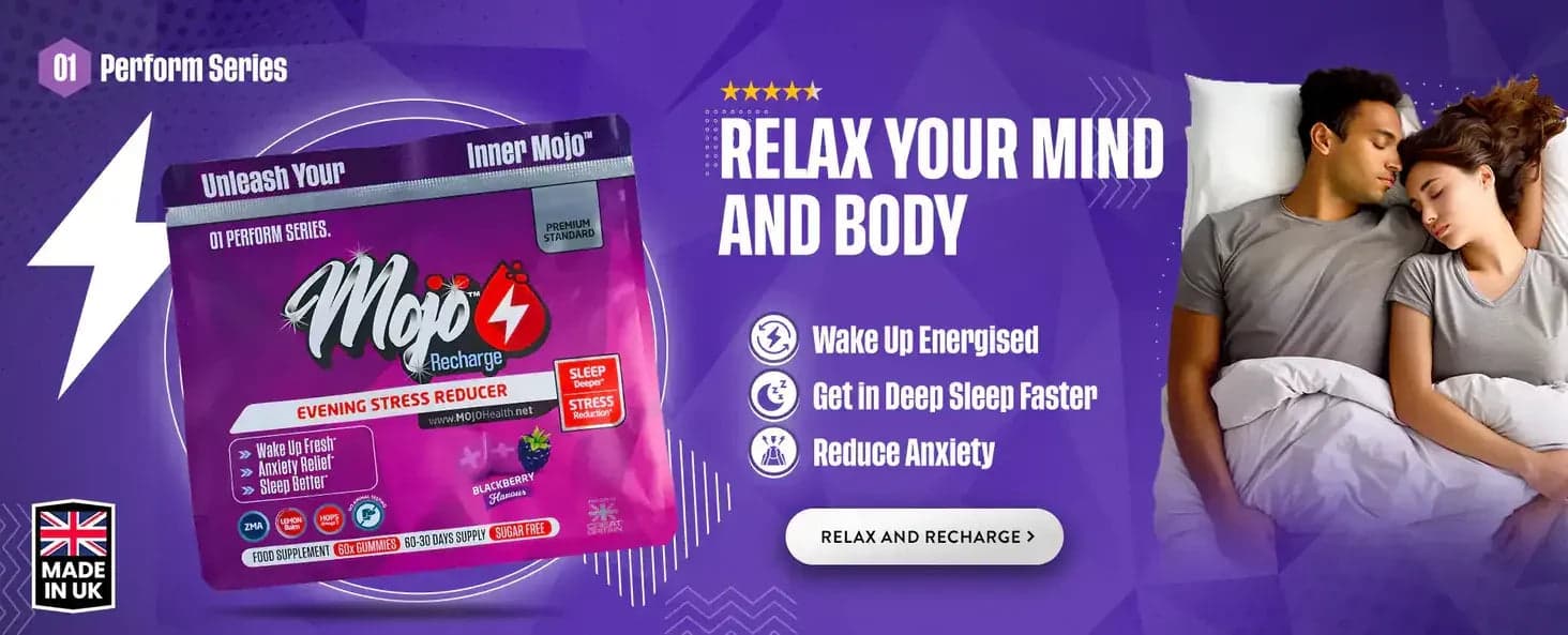 Mojo Recharge — giảm căng thẳng buổi tối: thư giãn tâm trí và cơ thể, thức dậy sảng khoái, đi vào giấc ngủ sâu nhanh hơn, giảm lo âu. Thư giãn và nạp năng lượng.