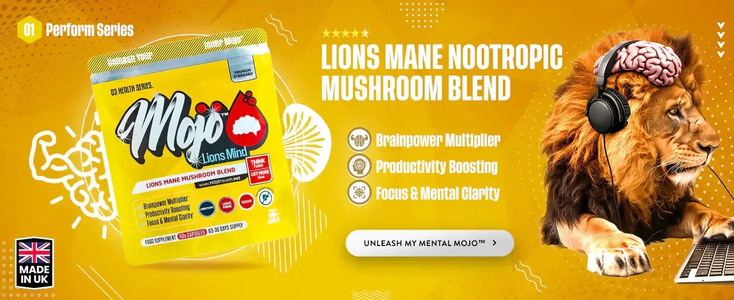 Mojo Lions Mind — hỗn hợp nấm nootropic lương mạch sư tử: bộ nhân tăng sức não, tăng năng suất, tập trung và sáng suốt tinh thần. Giải phóng Mojo tinh thần của tôi.